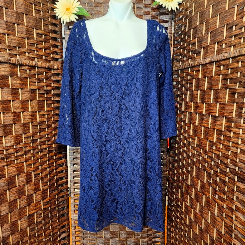 New American Eagle Women's Navy Crochet Lace Boho Romantic Bell Sleeve Dress